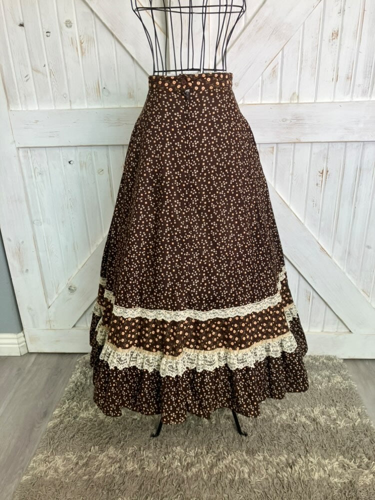 70's Vintage Gunne Sax Jessica's Gunnies Brown White Yellow Calico Velvet Prairie Maxi Skirt *HEMMED