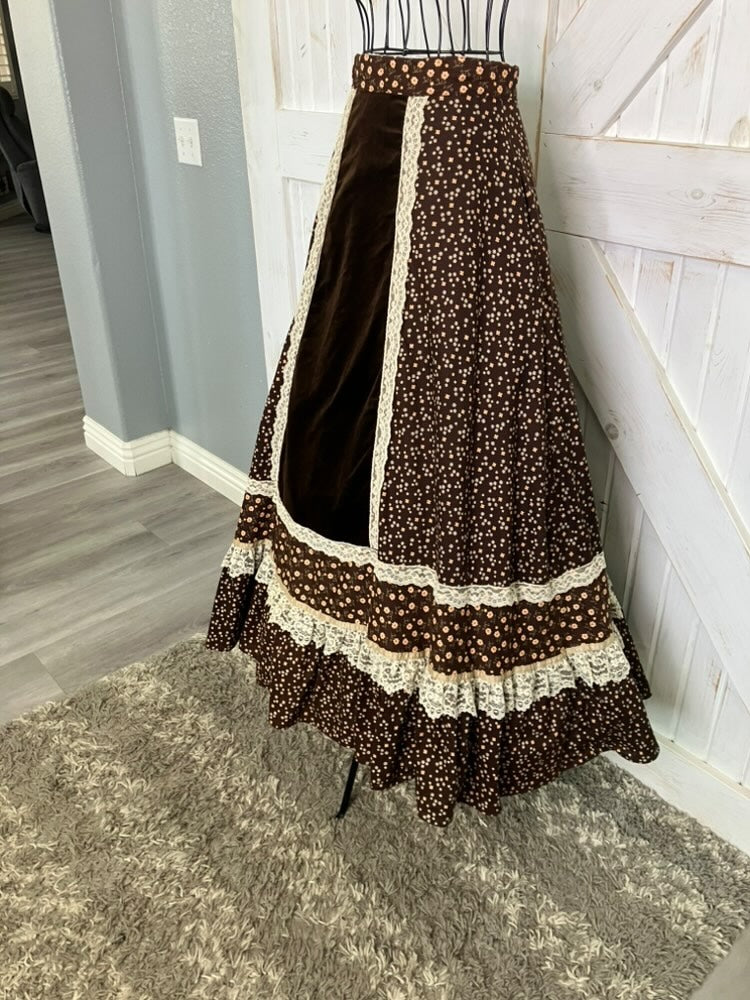 70's Vintage Gunne Sax Jessica's Gunnies Brown White Yellow Calico Velvet Prairie Maxi Skirt *HEMMED