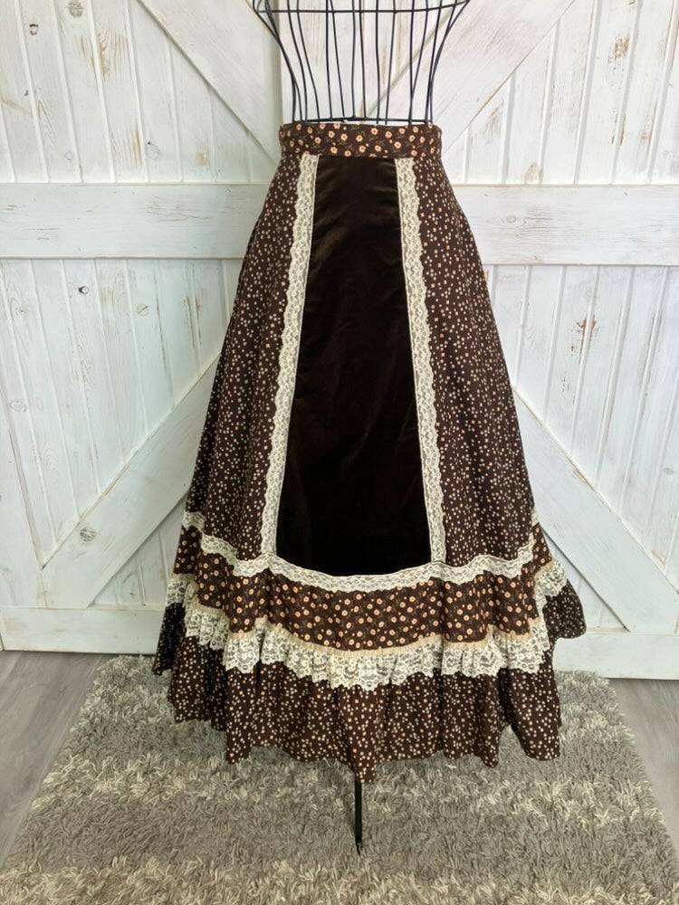 70's Vintage Gunne Sax Jessica's Gunnies Brown White Yellow Calico Velvet Prairie Maxi Skirt *HEMMED