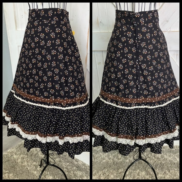 70's Vintage Gunne Sax Jessica's Gunnies Black White Brown Yellow Calico Prairie Midi Skirt 11