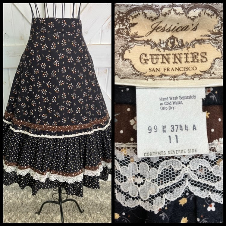 70's Vintage Gunne Sax Jessica's Gunnies Black White Brown Yellow Calico Prairie Midi Skirt 11