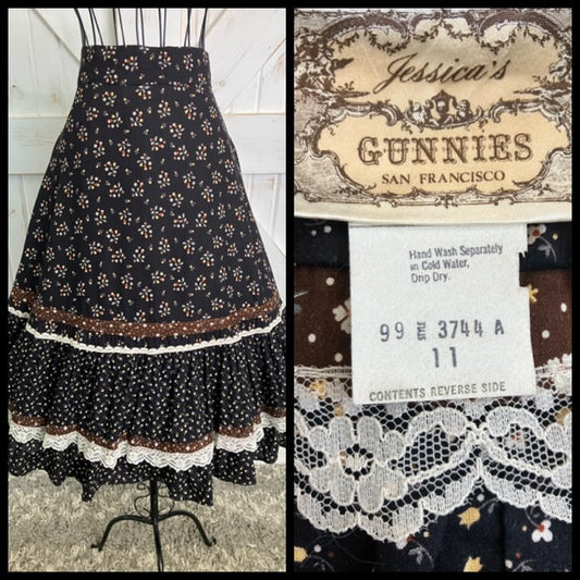 70's Vintage Gunne Sax Jessica's Gunnies Black White Brown Yellow Calico Prairie Midi Skirt 11
