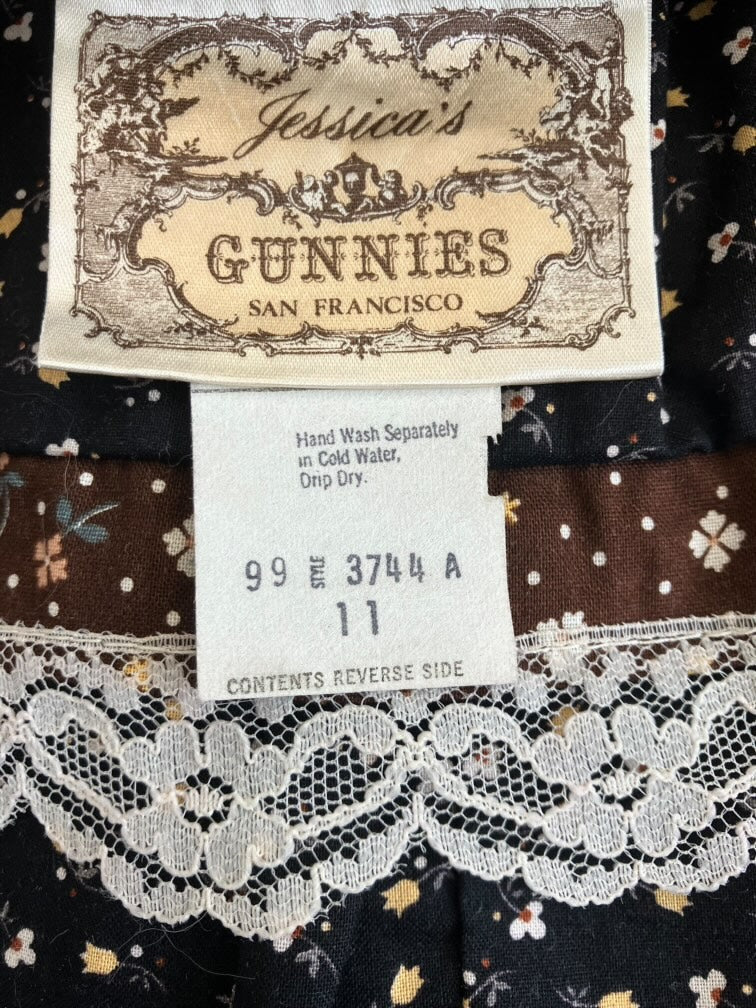 70's Vintage Gunne Sax Jessica's Gunnies Black White Brown Yellow Calico Prairie Midi Skirt 11