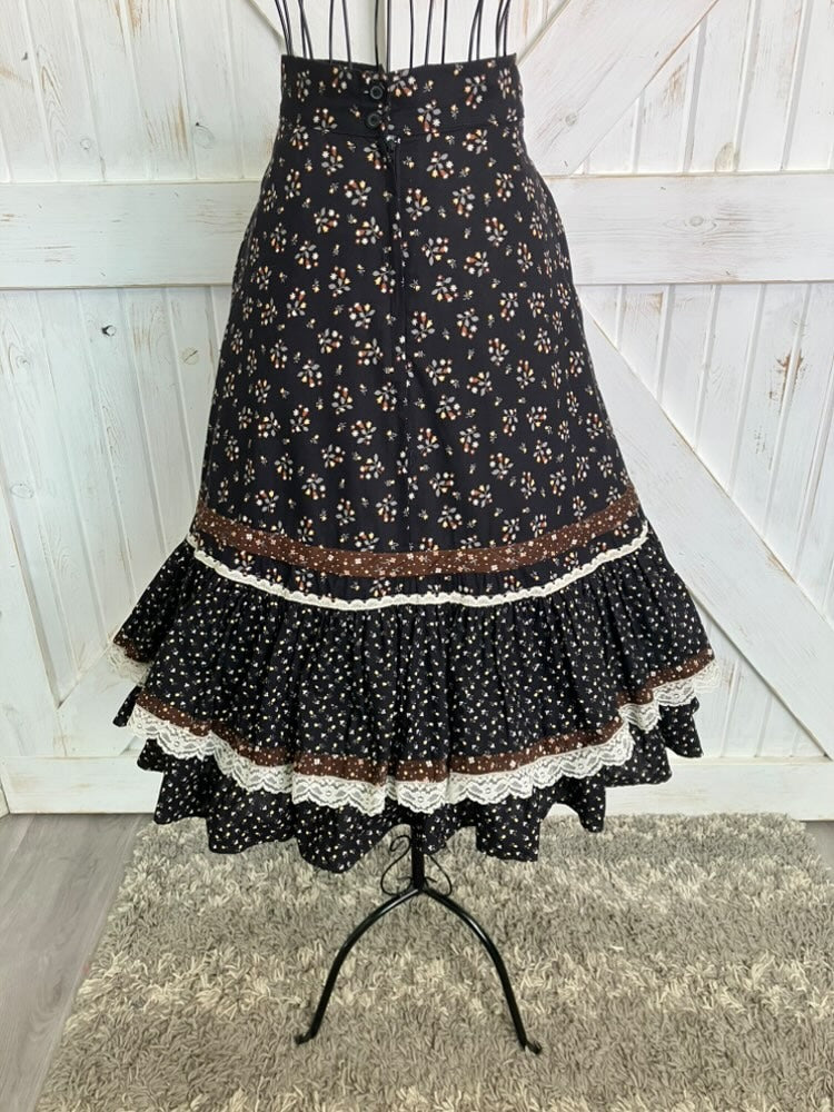 70's Vintage Gunne Sax Jessica's Gunnies Black White Brown Yellow Calico Prairie Midi Skirt 11