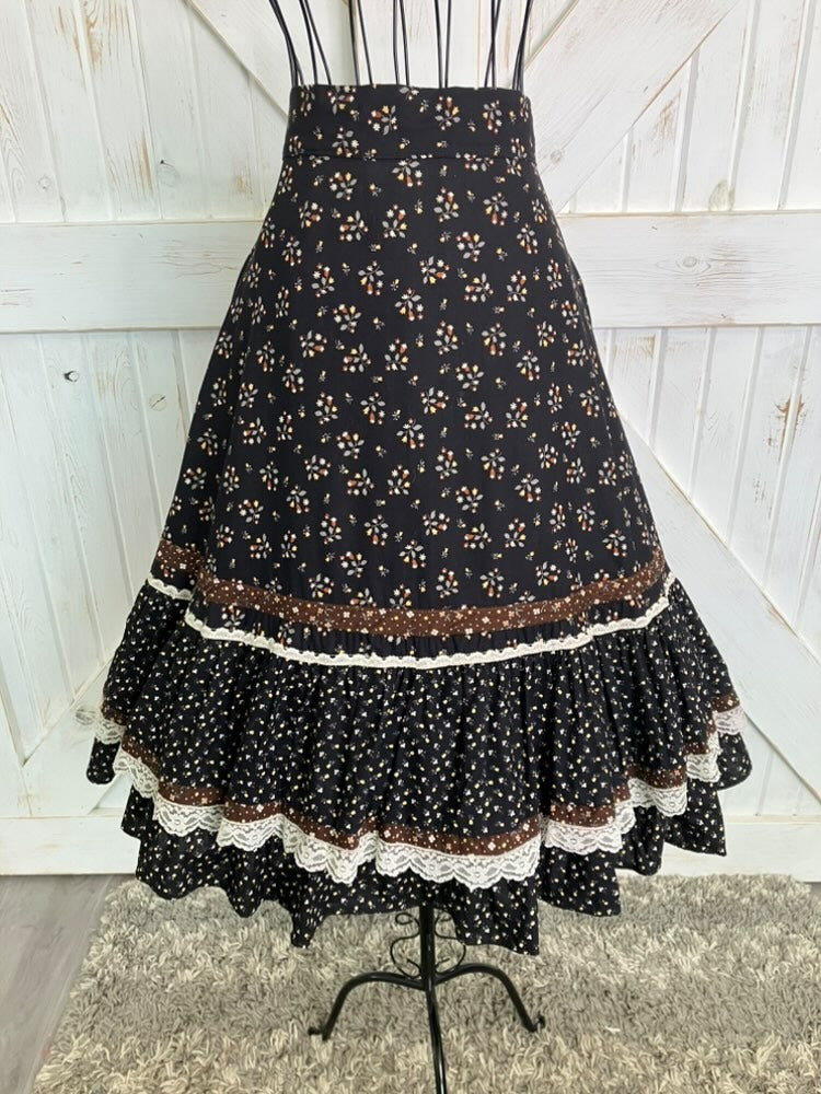 70's Vintage Gunne Sax Jessica's Gunnies Black White Brown Yellow Calico Prairie Midi Skirt 11