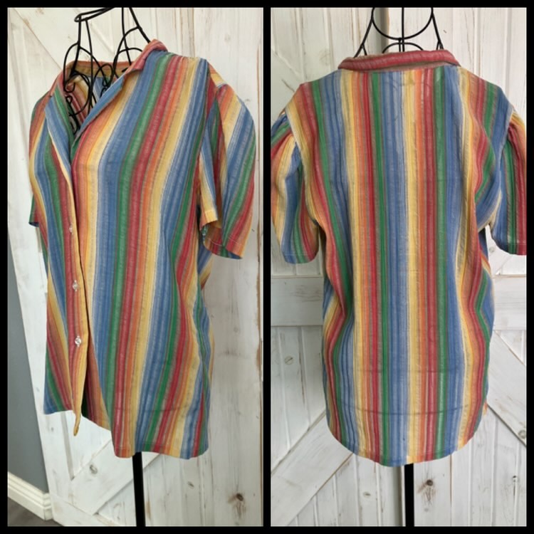 70's Vintage Sears Fashions Rainbow Stripe Seersucker Blouse Top