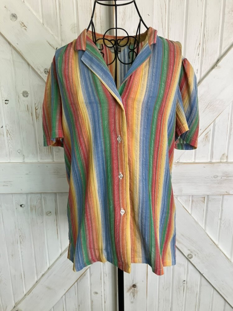 70's Vintage Sears Fashions Rainbow Stripe Seersucker Blouse Top