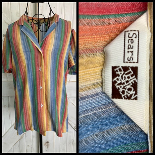 70's Vintage Sears Fashions Rainbow Stripe Seersucker Blouse Top