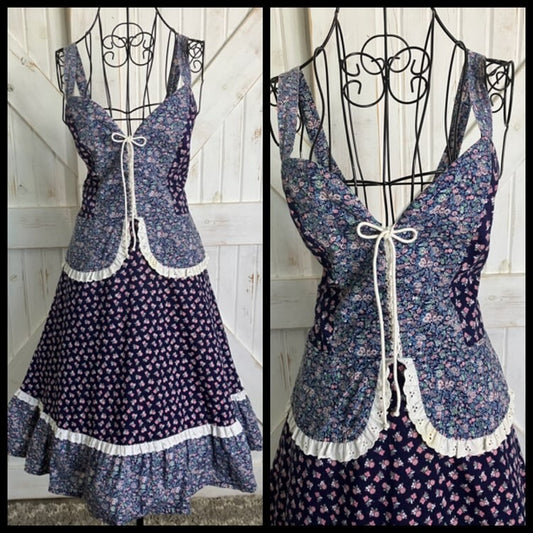 70's Vintage Blue Pink White Calico Peplum Corset Midi Sundress Gunne Sax STYLE Dress
