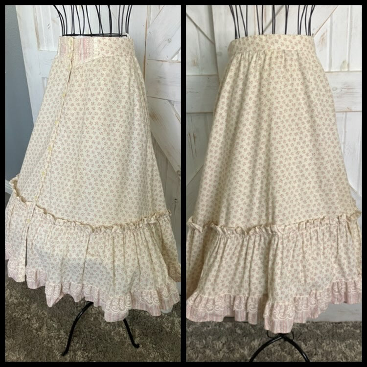 70's Vintage Gunne Sax Jessica's Gunnies Pink Green White Cream Calico Prairie Midi Skirt 13