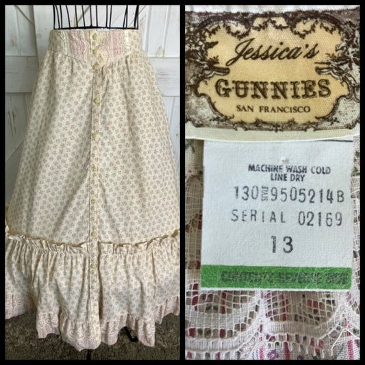 70's Vintage Gunne Sax Jessica's Gunnies Pink Green White Cream Calico Prairie Midi Skirt 13