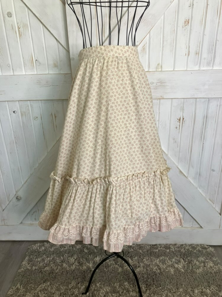 70's Vintage Gunne Sax Jessica's Gunnies Pink Green White Cream Calico Prairie Midi Skirt 13