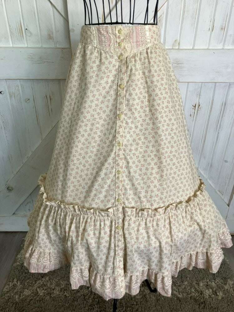 70's Vintage Gunne Sax Jessica's Gunnies Pink Green White Cream Calico Prairie Midi Skirt 13