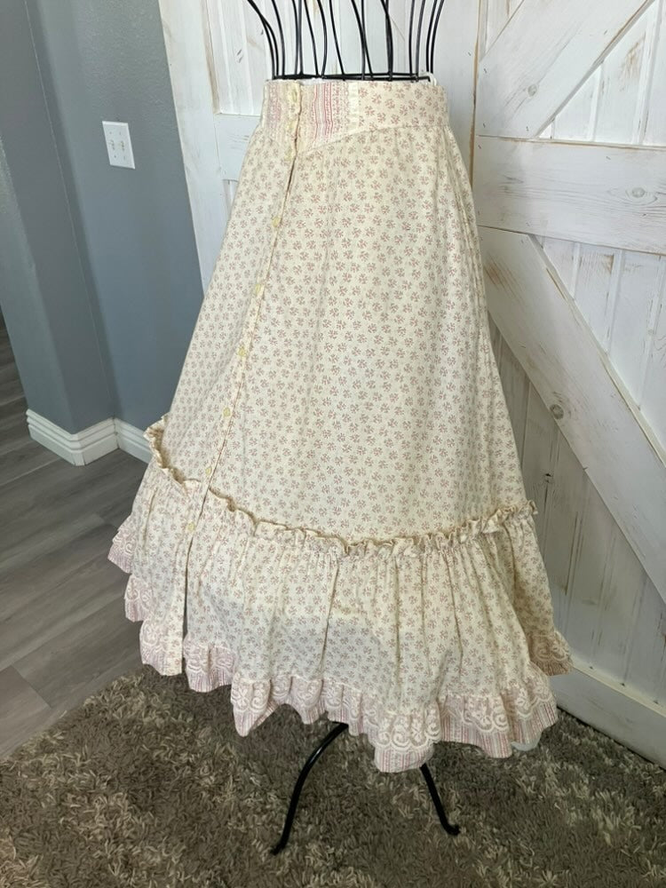 70's Vintage Gunne Sax Jessica's Gunnies Pink Green White Cream Calico Prairie Midi Skirt 13