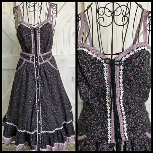70's Vintage Gunne Sax Black Purple White Calico Corset Tank Blouse Top + Prairie Midi Skirt Set