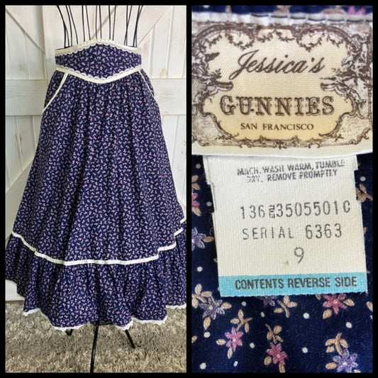 70's Vintage Gunne Sax Jessica's Gunnies Blue White Pink Purple Calico Prairie Midi Skirt 9