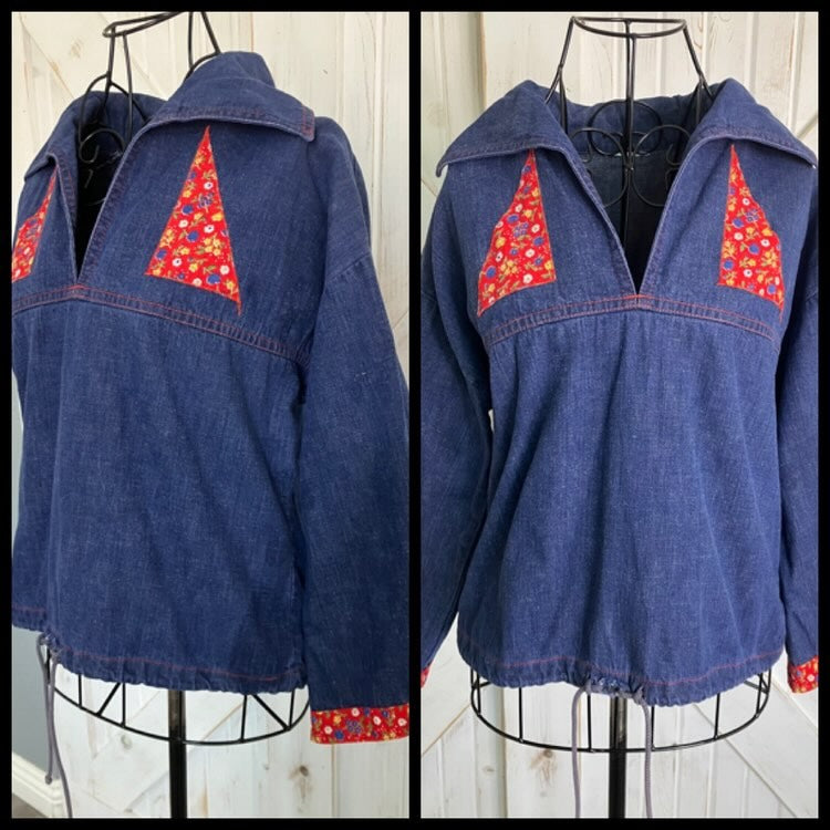 70's Vintage Blue Jean Denim Red Calico Patchwork Sailor Butterfly Dagger Collar Blouse Top