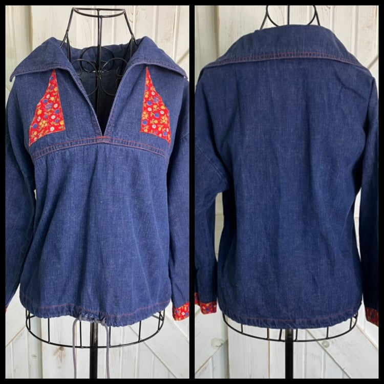 70's Vintage Blue Jean Denim Red Calico Patchwork Sailor Butterfly Dagger Collar Blouse Top