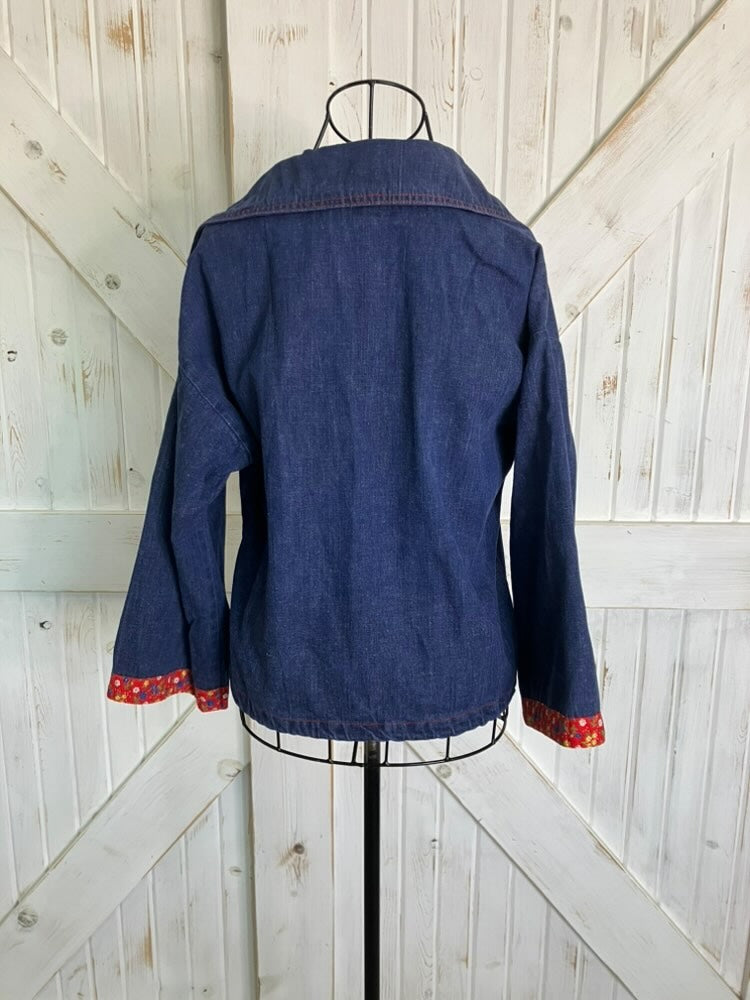 70's Vintage Blue Jean Denim Red Calico Patchwork Sailor Butterfly Dagger Collar Blouse Top