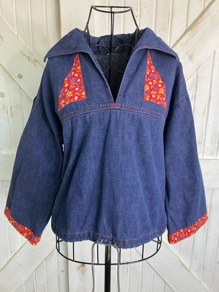 70's Vintage Blue Jean Denim Red Calico Patchwork Sailor Butterfly Dagger Collar Blouse Top