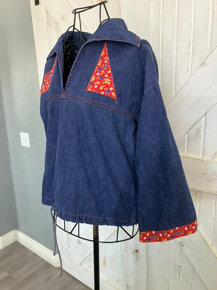 70's Vintage Blue Jean Denim Red Calico Patchwork Sailor Butterfly Dagger Collar Blouse Top