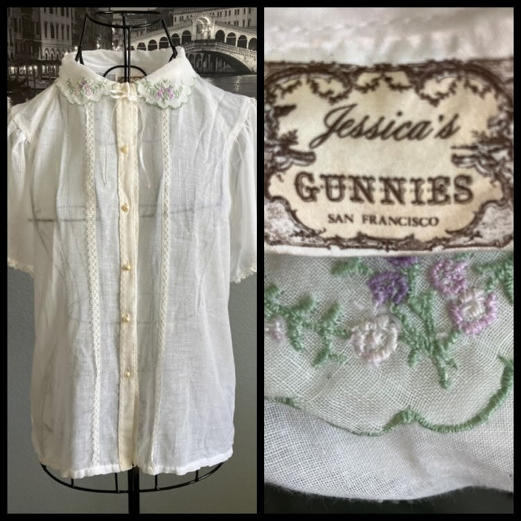 70's Vintage Gunne Sax Jessica's Gunnies White Pruple Pink Green Embroidery Prairie Blouse
