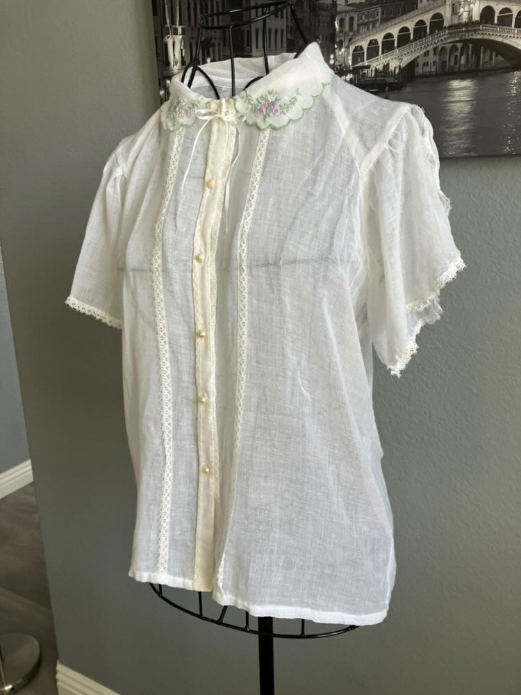 70's Vintage Gunne Sax Jessica's Gunnies White Pruple Pink Green Embroidery Prairie Blouse