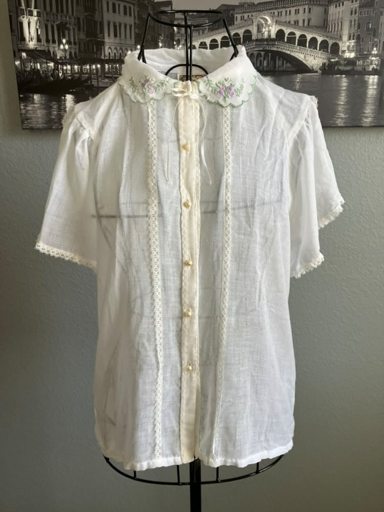 70's Vintage Gunne Sax Jessica's Gunnies White Pruple Pink Green Embroidery Prairie Blouse