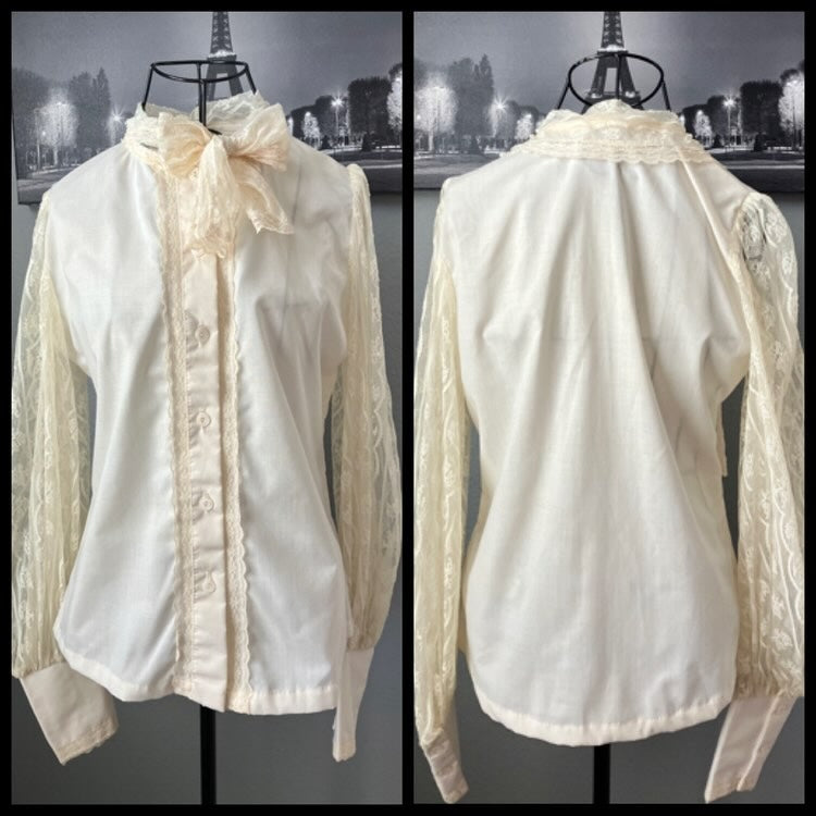 70's Vintage Gunne Sax Jessica's Gunnies Ivory White Lace Pussybow Prairie Classic Blouse Top