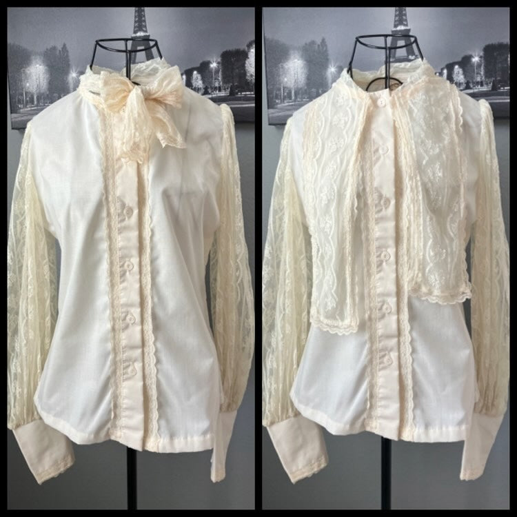 70's Vintage Gunne Sax Jessica's Gunnies Ivory White Lace Pussybow Prairie Classic Blouse Top