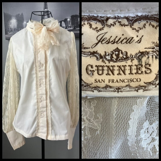 70's Vintage Gunne Sax Jessica's Gunnies Ivory White Lace Pussybow Prairie Classic Blouse Top