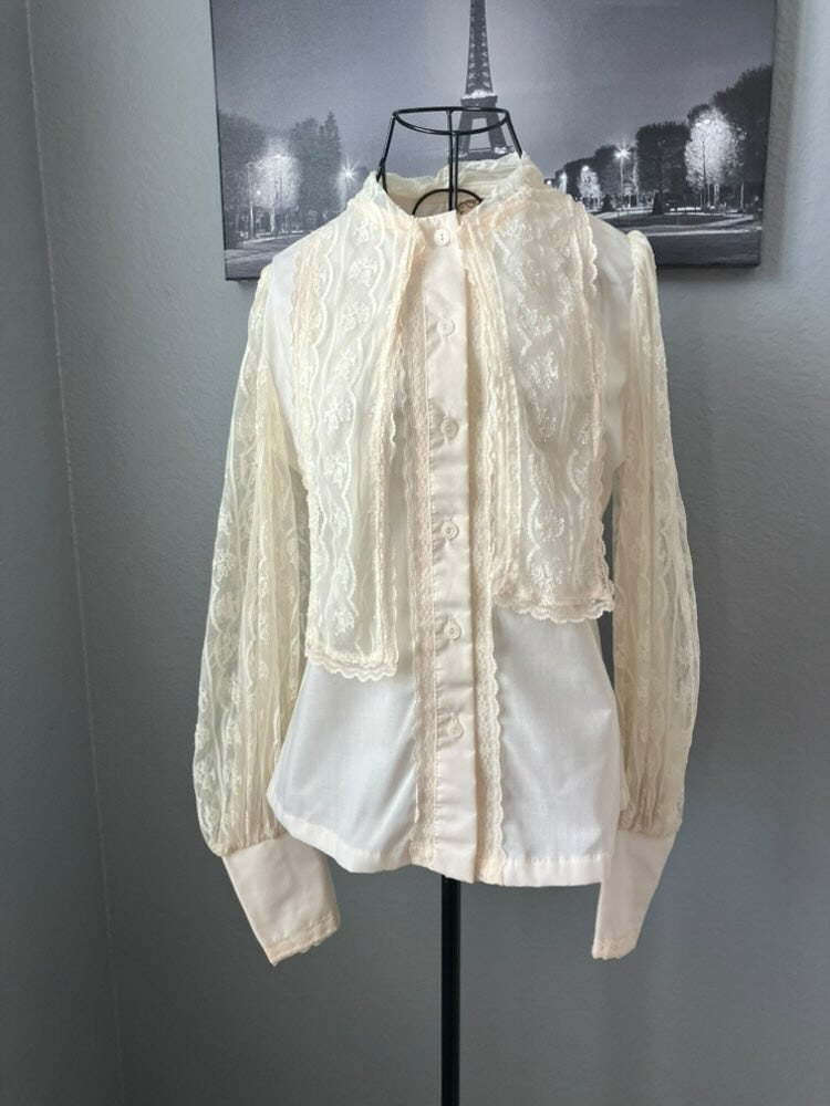 70's Vintage Gunne Sax Jessica's Gunnies Ivory White Lace Pussybow Prairie Classic Blouse Top