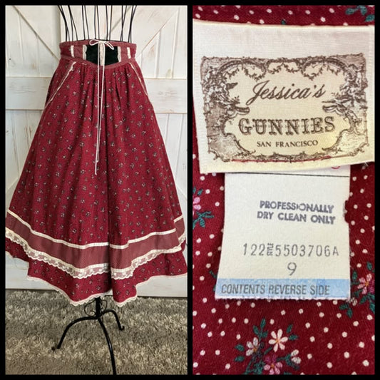 70's Vintage Gunne Sax Jessica's Gunnies Red White Green Calico Polka Dot Velvet Corset Waist Prairie Midi Skirt 9