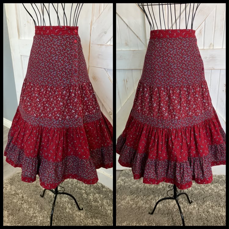 70's Vintage Gunne Sax Jessica's Gunnies Red Blue Green Calico Prairie Midi Skirt 13