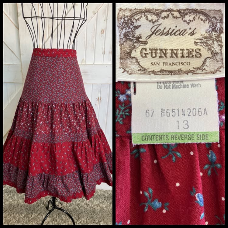 70's Vintage Gunne Sax Jessica's Gunnies Red Blue Green Calico Prairie Midi Skirt 13