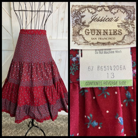 70's Vintage Gunne Sax Jessica's Gunnies Red Blue Green Calico Prairie Midi Skirt 13
