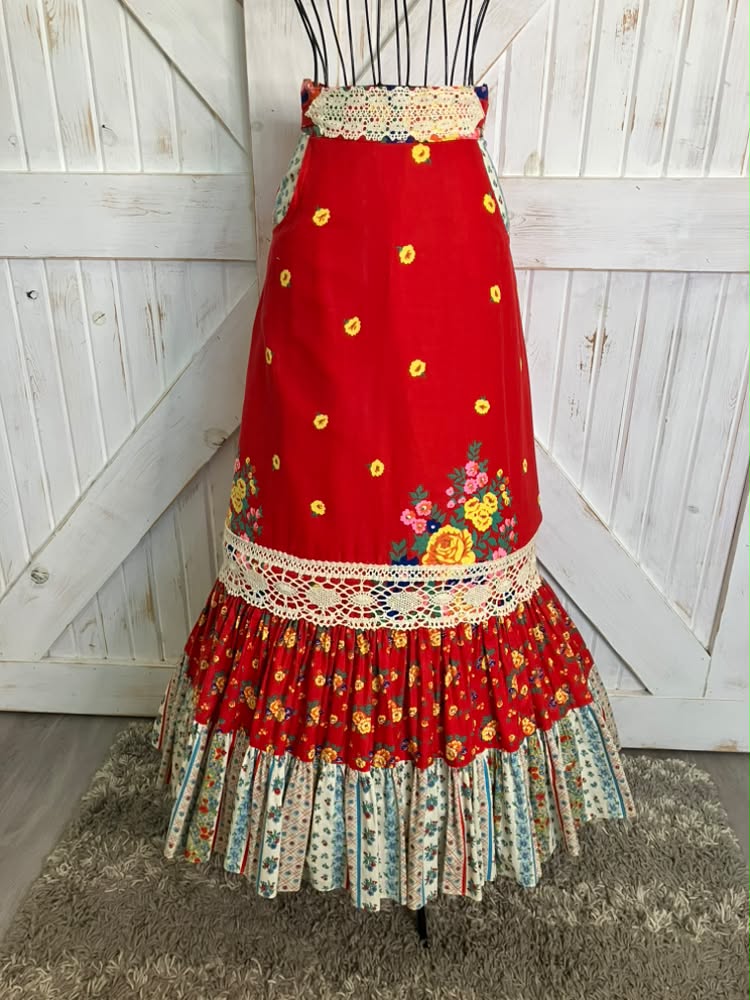 70's Vintage Gunne Sax Jessica's Gunnies Red Rainbow Floral Prairie Maxi Skirt RARE