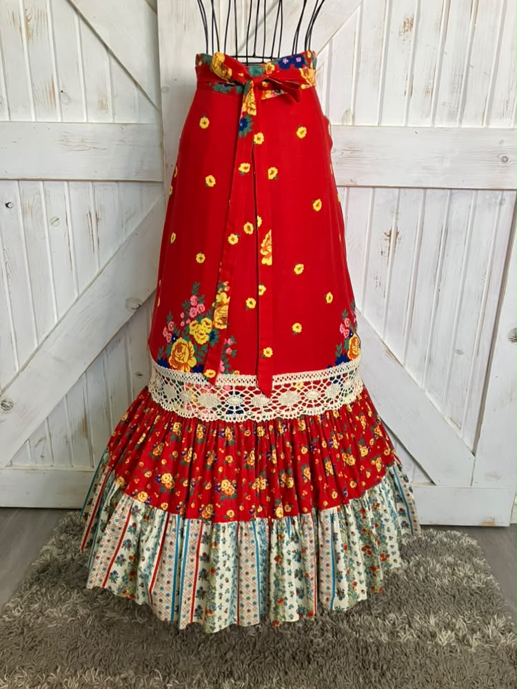 70's Vintage Gunne Sax Jessica's Gunnies Red Rainbow Floral Prairie Maxi Skirt RARE