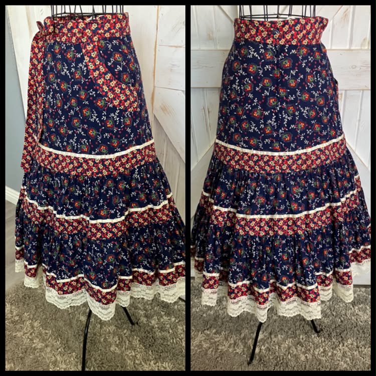 70's Vintage Gunne Sax Jessica's Gunnies Blue Red White Calico Western Prairie Midi Skirt 9