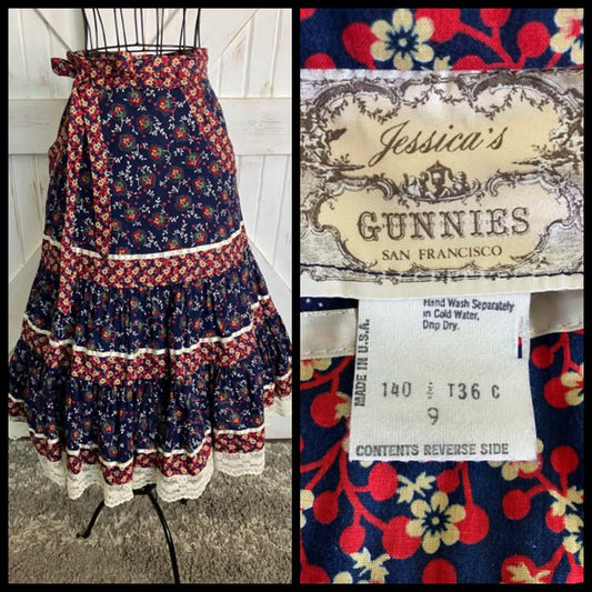 70's Vintage Gunne Sax Jessica's Gunnies Blue Red White Calico Western Prairie Midi Skirt 9