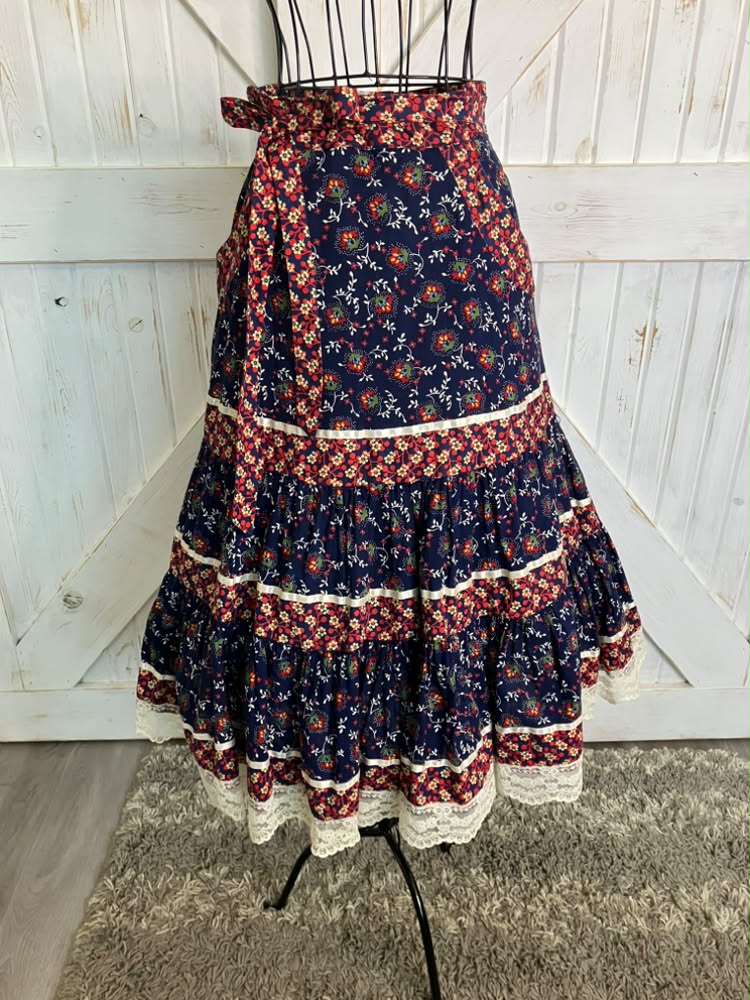 70's Vintage Gunne Sax Jessica's Gunnies Blue Red White Calico Western Prairie Midi Skirt 9