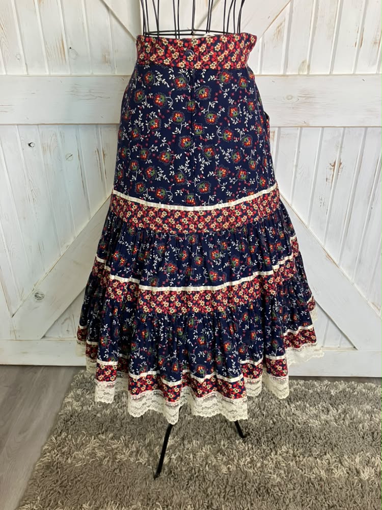70's Vintage Gunne Sax Jessica's Gunnies Blue Red White Calico Western Prairie Midi Skirt 9