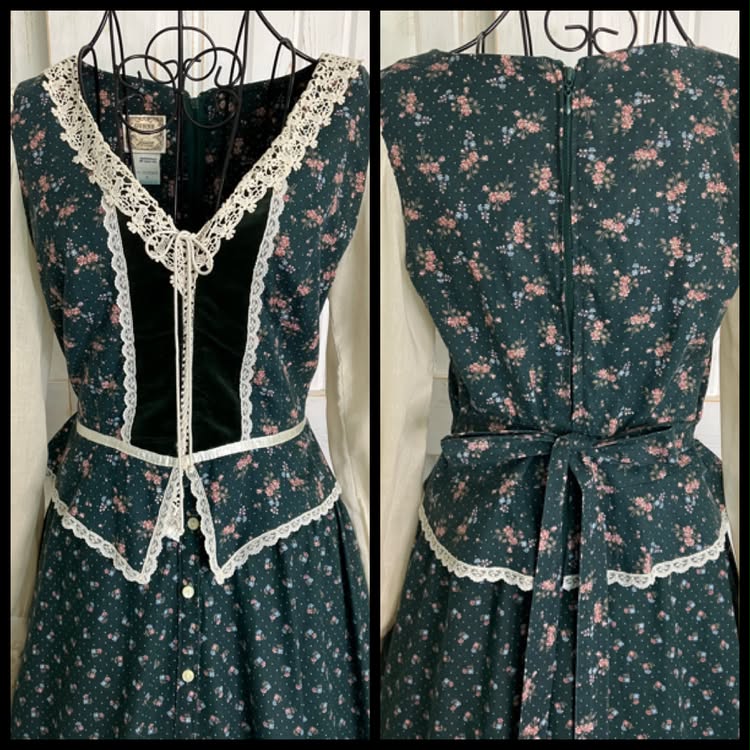 70's Vintage Gunne Sax Jessica's Gunnies Green Calico Velvet Peplum Corset Blouse Top + Prairie Midi Skirt Set 9 *UPCYCLED TOP