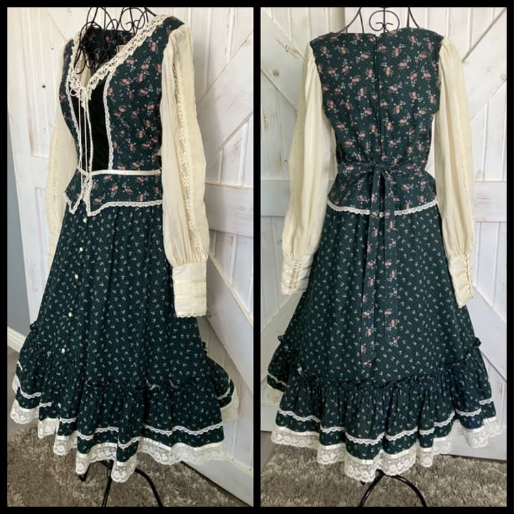 70's Vintage Gunne Sax Jessica's Gunnies Green Calico Velvet Peplum Corset Blouse Top + Prairie Midi Skirt Set 9 *UPCYCLED TOP