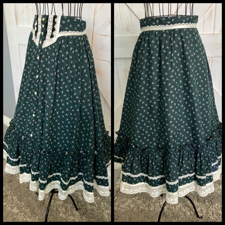70's Vintage Gunne Sax Jessica's Gunnies Green Calico Velvet Peplum Corset Blouse Top + Prairie Midi Skirt Set 9 *UPCYCLED TOP