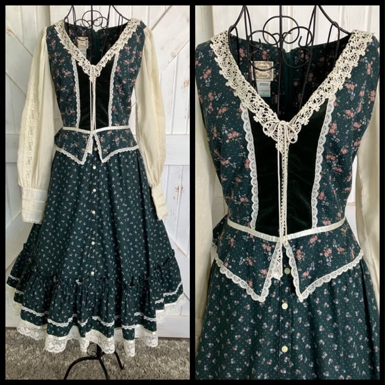 70's Vintage Gunne Sax Jessica's Gunnies Green Calico Velvet Peplum Corset Blouse Top + Prairie Midi Skirt Set 9 *UPCYCLED TOP