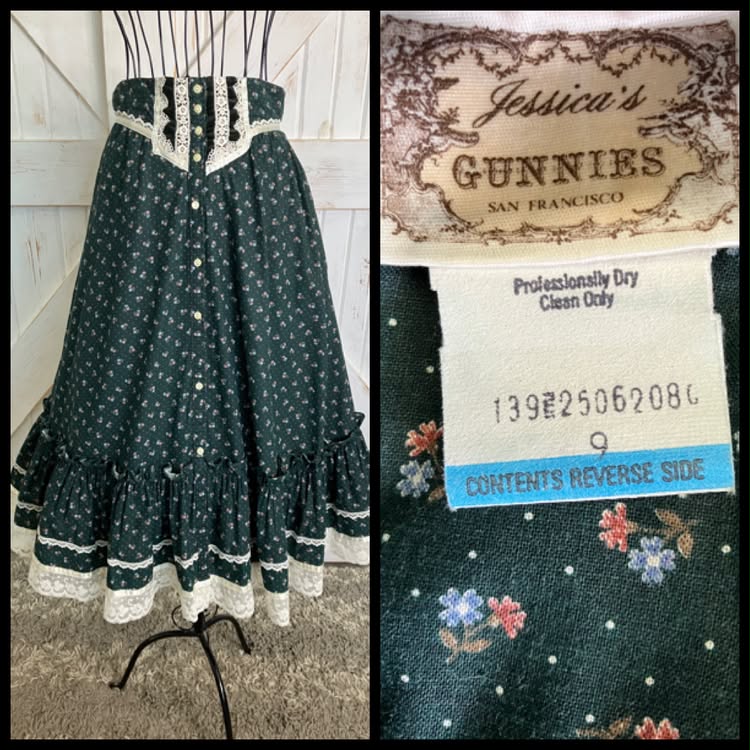 70's Vintage Gunne Sax Jessica's Gunnies Green Calico Velvet Peplum Corset Blouse Top + Prairie Midi Skirt Set 9 *UPCYCLED TOP