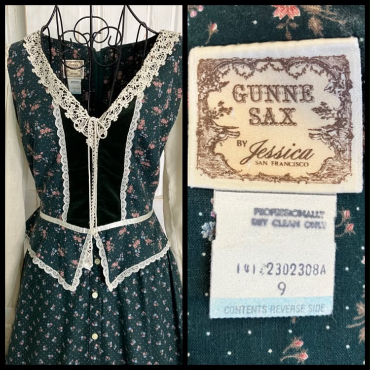 70's Vintage Gunne Sax Jessica's Gunnies Green Calico Velvet Peplum Corset Blouse Top + Prairie Midi Skirt Set 9 *UPCYCLED TOP