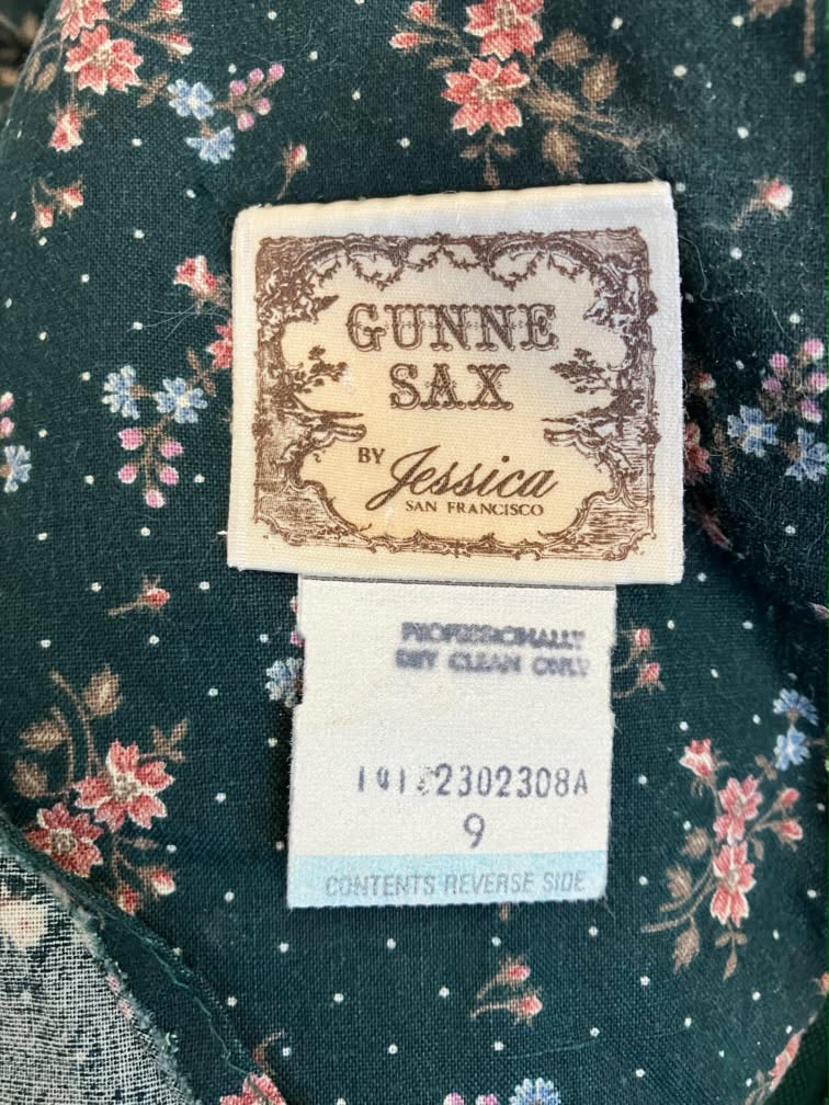 70's Vintage Gunne Sax Jessica's Gunnies Green Calico Velvet Peplum Corset Blouse Top + Prairie Midi Skirt Set 9 *UPCYCLED TOP