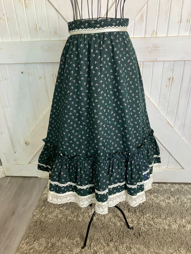 70's Vintage Gunne Sax Jessica's Gunnies Green Calico Velvet Peplum Corset Blouse Top + Prairie Midi Skirt Set 9 *UPCYCLED TOP